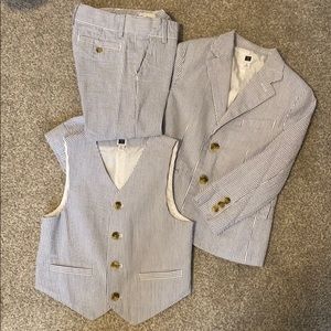 3 piece blue and white suit